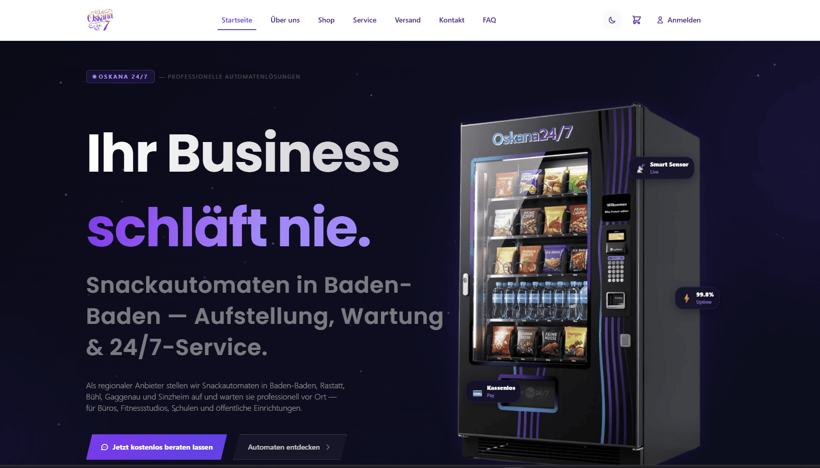 Screenshot des Projekts Oskana 24/7 mit modernem Online-Shop für Snackautomaten.